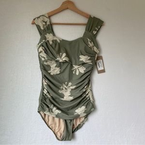 Albion Womens sage green floral off shoulder one piece swimsuit size medium NWT